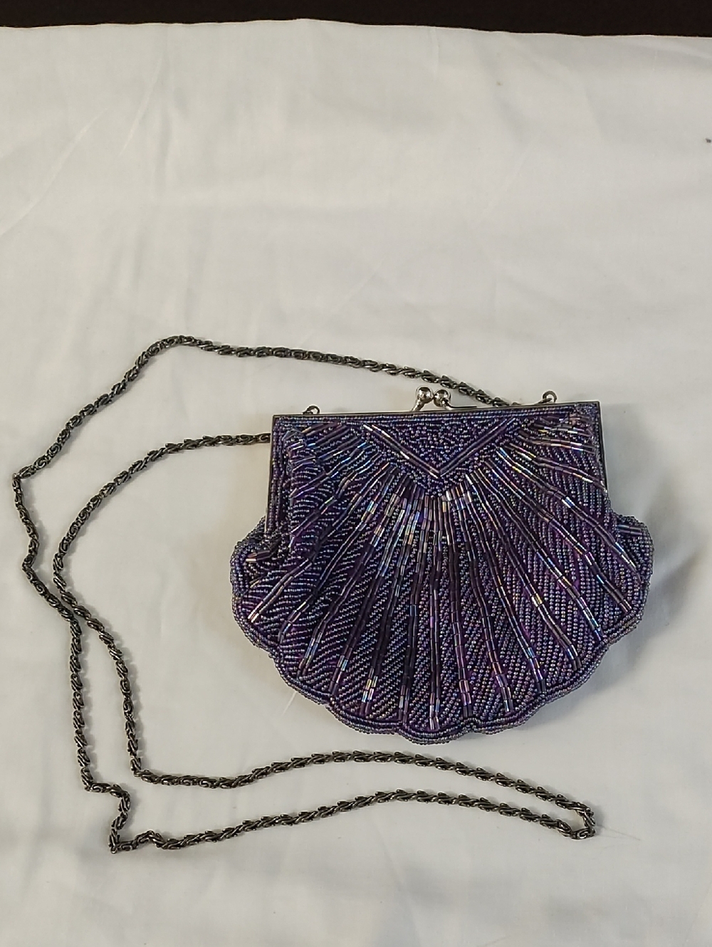 La Regale Iridescent Purple Beaded Shell Wristlet with Chain